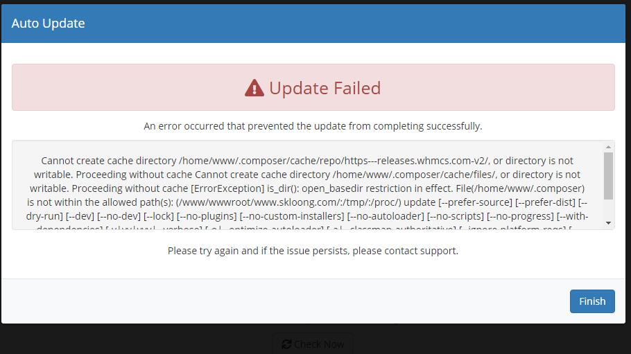 whmcs更新报错：Cannot create cache directory /home/www/.composer/cache/repo/https—releases.whmcs.com-v2/